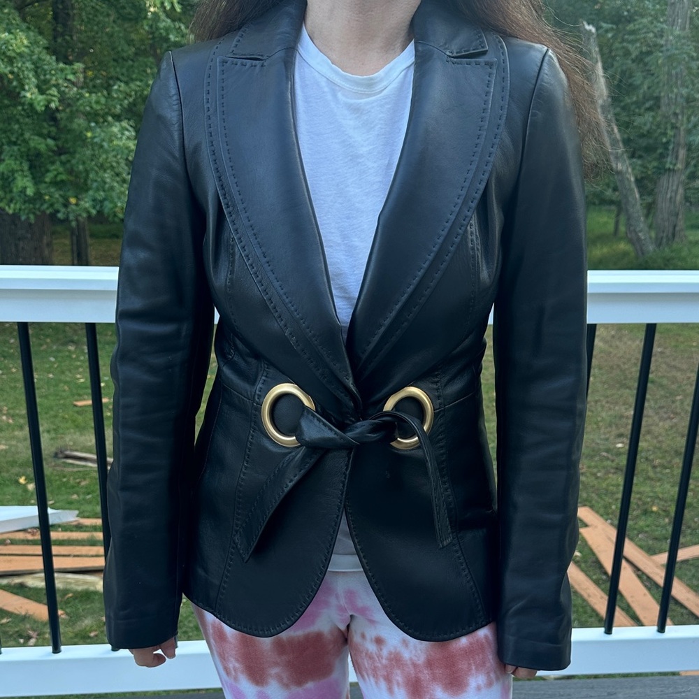 Escada Black Leather Jacket with Gold Accents - Picture 2 of 14